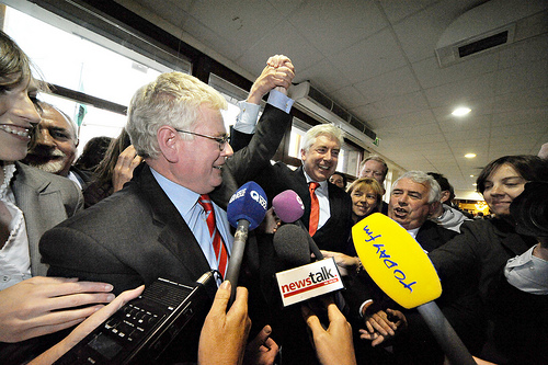 Eamon Gilmore TD greets Alex at the Count Centre at the RDS last Saturday