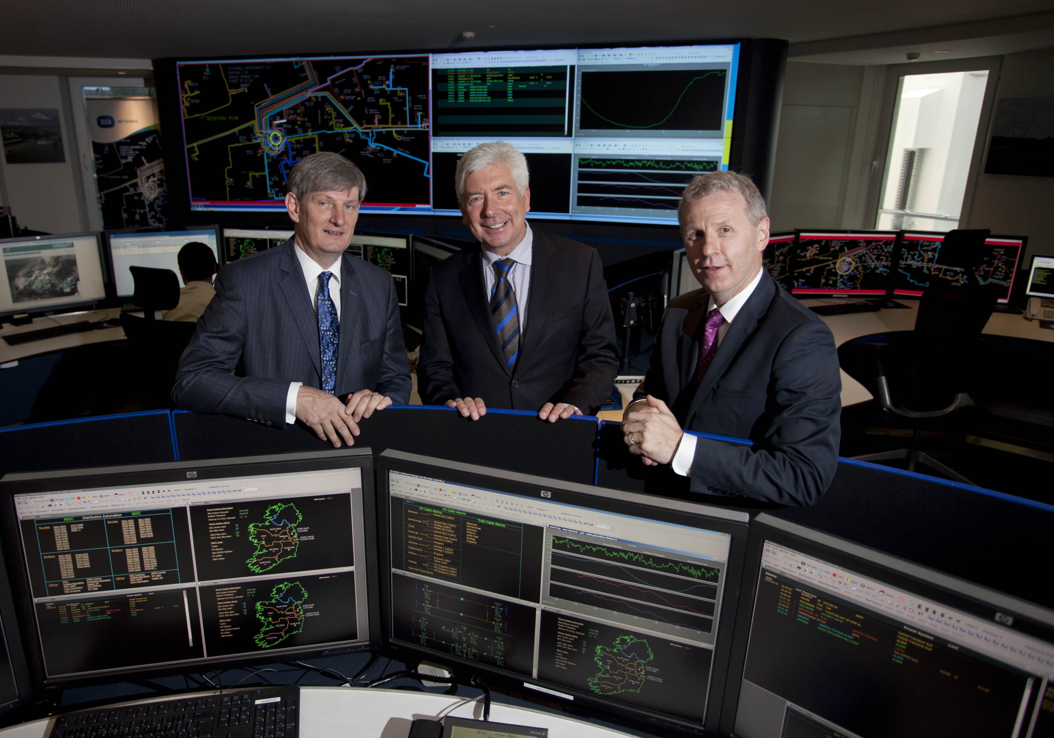 ESB Chief Executive, Pat O'Doherty, Minister for Communications, Energy and Natural Resources, Alex White TD and Jerry O'Sullivan, Managing Director ESB Networks Ltd at the launch of the ESB Networks new electricity Distribution Control Centre in South Dublin. The Control Centre, constructed at a cost of 4 million euro is among the most advanced in Europe and puts Ireland at the forefront of centralised electricity control.Photo Chris Bellew / Copyright Fennell Photography 2014